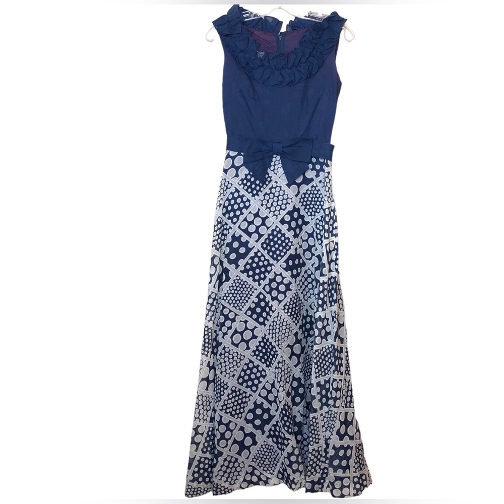 Vintage Miss Elliette Maxi Dress Size 6 Blue Polka Dots Ruffle Geometric 60s